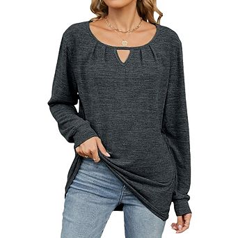 Women's Long Sleeve Spring Fall Top Round Neck Keyhole Loose Fit Casual Knit Shirt