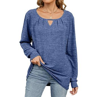 Women's Long Sleeve Spring Fall Top Round Neck Keyhole Loose Fit Casual Knit Shirt