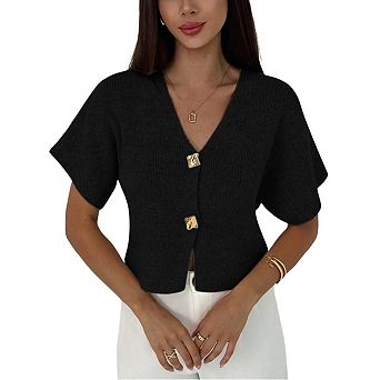 Women's Short Sleeve Cardigan Sweater Office Clothes Button Down V Neck Slim Fit Elegant Knit Tops