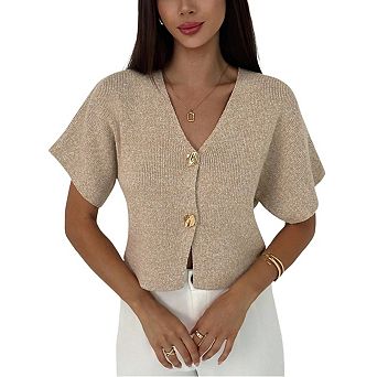 Women's Short Sleeve Cardigan Sweater Office Clothes Button Down V Neck Slim Fit Elegant Knit Tops