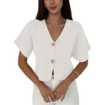 Women's Short Sleeve Cardigan Sweater Office Clothes Button Down V Neck Slim Fit Elegant Knit Tops