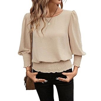 Women's Smocked Waist Blouse Long Puff Sleeve Round Neck Casual Daily Top
