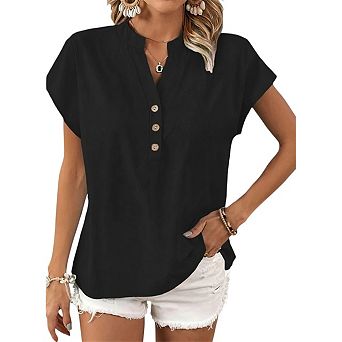 Women's Loose Fit Blouse V Neck Button Front Short Sleeve Casual Shirt