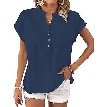 Women's Loose Fit Blouse V Neck Button Front Short Sleeve Casual Shirt