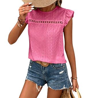 Women's Crew Neck Eyelet Embroidery Ruffle Cap Sleeve Blouse for Casual Outings