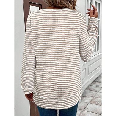 Women's Plus Size Long Sleeve Crew Neck Eyelet Knit Grid Pullover Tunic Top