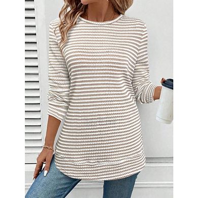 Women's Plus Size Long Sleeve Crew Neck Eyelet Knit Grid Pullover Tunic Top