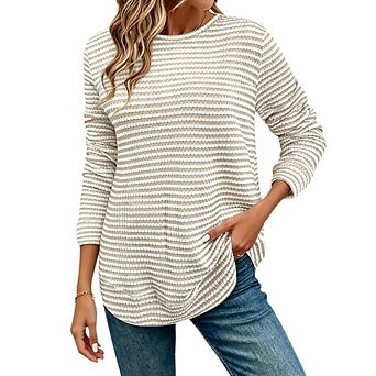 Women's Plus Size Long Sleeve Crew Neck Eyelet Knit Grid Pullover Tunic Top