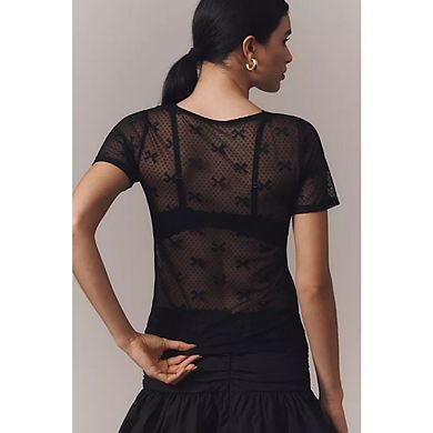 Women's Short Sleeve Crew Neck Sheer Mesh Bow Print Lace Trim Top