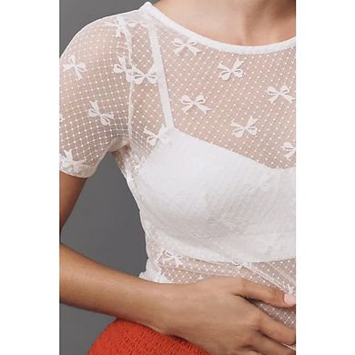 Women's Short Sleeve Crew Neck Sheer Mesh Bow Print Lace Trim Top