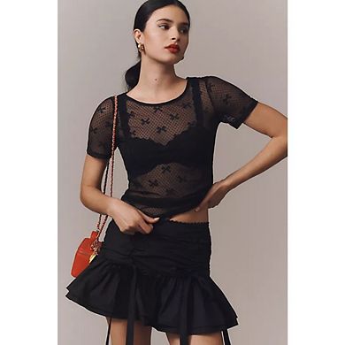 Women's Short Sleeve Crew Neck Sheer Mesh Bow Print Lace Trim Top