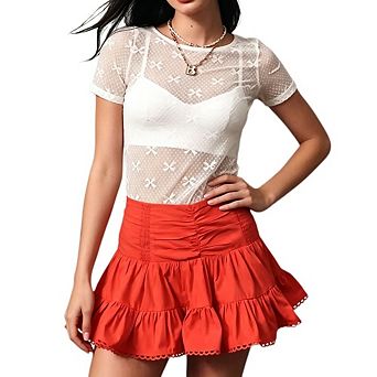 Women's Short Sleeve Crew Neck Sheer Mesh Bow Print Lace Trim Top