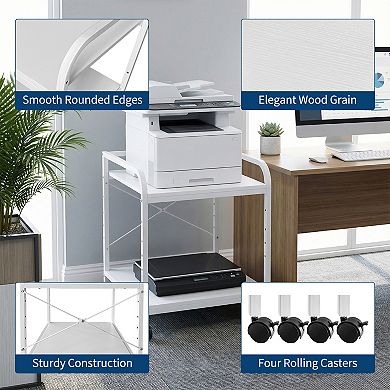 2-Tier Under Desk Printer Stand with Adjustable Shelf, Mobile Printer Cat, Rolling Wheels