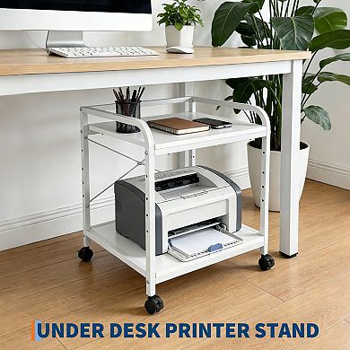 2-Tier Under Desk Printer Stand with Adjustable Shelf, Mobile Printer Cat, Rolling Wheels