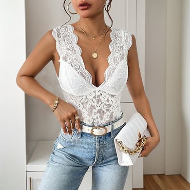 Women Deep V Neck Sheer Tops Snap Crotch One Piece Lace Bodysuits