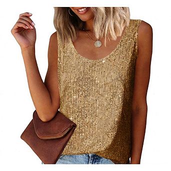 Women Sleeveless Scoop Neck Sparkle Shimmer Party Base Tank Top