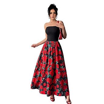 Women's Elegant Cold Shoulder Rose Print Splicing Chest-Wrapped Maxi Dress