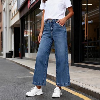 Womens Flare Jeans High Waisted Wide Leg Baggy Stretch Denim Pants