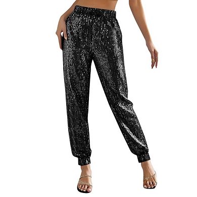 Women Solid Color Sequin Drawstring Waist Long Solid Jogger Pants