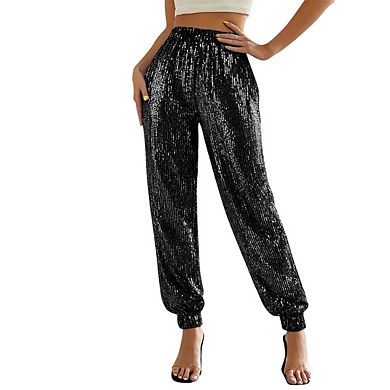 Women Solid Color Sequin Drawstring Waist Long Solid Jogger Pants