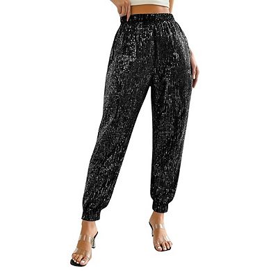 Women Solid Color Sequin Drawstring Waist Long Solid Jogger Pants