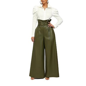 Women's Faux Leather PU High Waist Wide Leg Pants with PocketsFlare Trousers