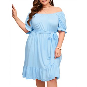 Women's Square Neck Puff Sleeve Mini Dress, Tie Waist Ruffle Hem Casual Dress