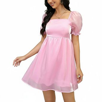 Women's Square Neck Puff Sleeve Mini Dress, Smocked Back Dress