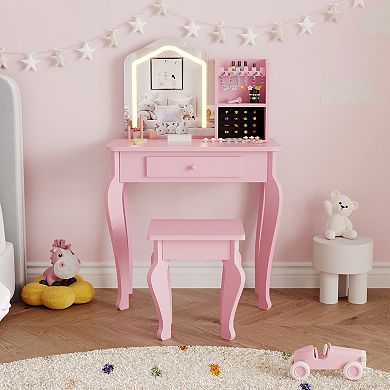 Girls Illuminated Vanity Playset with Stool, Toddler Makeup Dressing Table for Bedroom Playroom