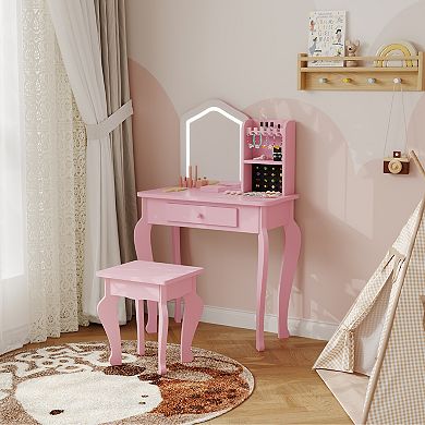 Girls Illuminated Vanity Playset with Stool, Toddler Makeup Dressing Table for Bedroom Playroom