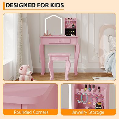Girls Illuminated Vanity Playset with Stool, Toddler Makeup Dressing Table for Bedroom Playroom