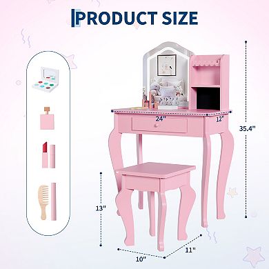 Girls Illuminated Vanity Playset with Stool, Toddler Makeup Dressing Table for Bedroom Playroom
