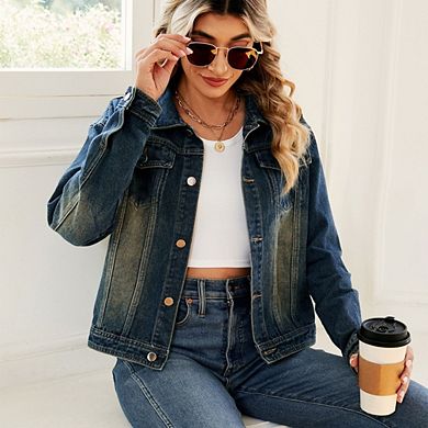 Women's Washed Denim Jacket Classic Long Sleeve Button Down with Chest Pockets for Everyday Casual