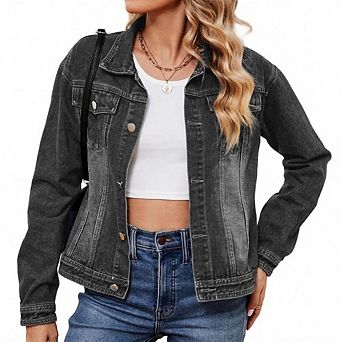 Women's Washed Denim Jacket Classic Long Sleeve Button Down with Chest Pockets for Everyday Casual