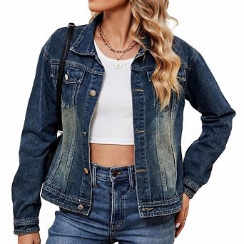 Women's Washed Denim Jacket Classic Long Sleeve Button Down with Chest Pockets for Everyday Casual