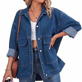 Women's Oversized Washed Denim Jacket Long Sleeve Button Down with Pockets for Casual Streetwear