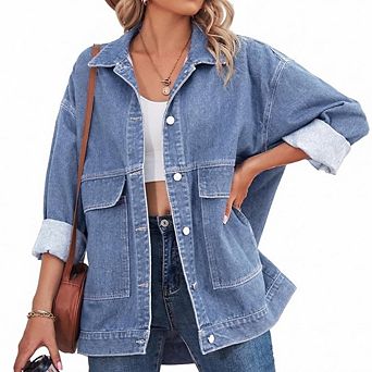 Women's Oversized Washed Denim Jacket Long Sleeve Button Down with Pockets for Casual Streetwear