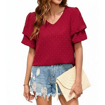 Women's V Neck Swiss Dot Blouse Short Sleeve Layered Ruffle Casual Top