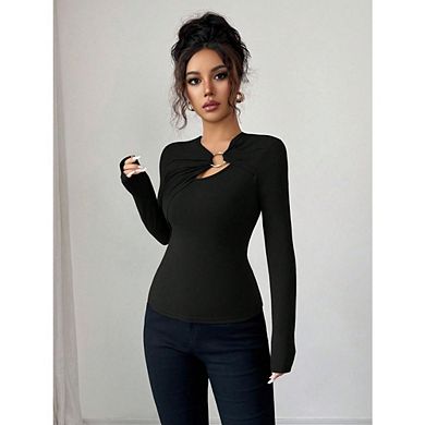 Women's Long Sleeve Slim Fit Top with Metal Ring Cutout