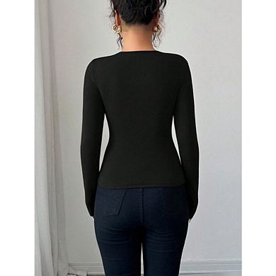 Women's Long Sleeve Slim Fit Top with Metal Ring Cutout