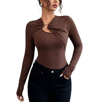 Women's Long Sleeve Slim Fit Top with Metal Ring Cutout