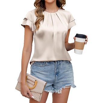 Women's Satin Blouse Pleated Neck Layered Ruffle Short Sleeve Casual Dressy Top