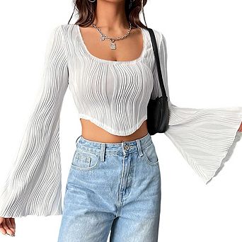 Women Square Neck Crop Top Textured Long Sleeve Blouse Slim Asymmetric Hem Shirt