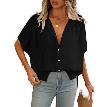 Women's Loose Fit Button Down Shirt, Casual Short Sleeve Collared Blouse, Oversized Daily Wear Top