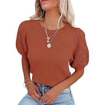 Womens Short Sleeve Sweaters Crewneck Pullover Tops Casual Lightweight Knit Crochet Blouse Shirt