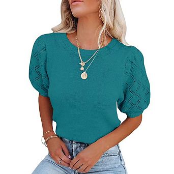 Womens Short Sleeve Sweaters Crewneck Pullover Tops Casual Lightweight Knit Crochet Blouse Shirt