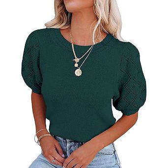Womens Short Sleeve Sweaters Crewneck Pullover Tops Casual Lightweight Knit Crochet Blouse Shirt