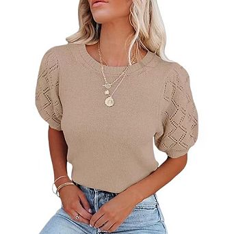 Womens Short Sleeve Sweaters Crewneck Pullover Tops Casual Lightweight Knit Crochet Blouse Shirt