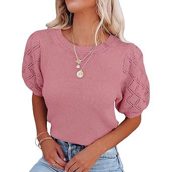 Womens Short Sleeve Sweaters Crewneck Pullover Tops Casual Lightweight Knit Crochet Blouse Shirt
