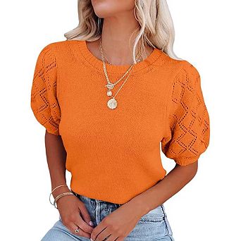 Womens Short Sleeve Sweaters Crewneck Pullover Tops Casual Lightweight Knit Crochet Blouse Shirt